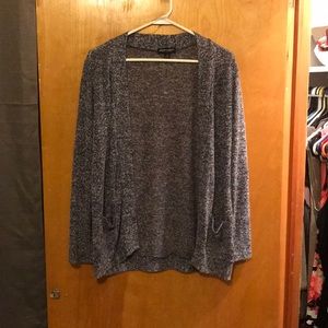 Blue and white speckled cardigan.